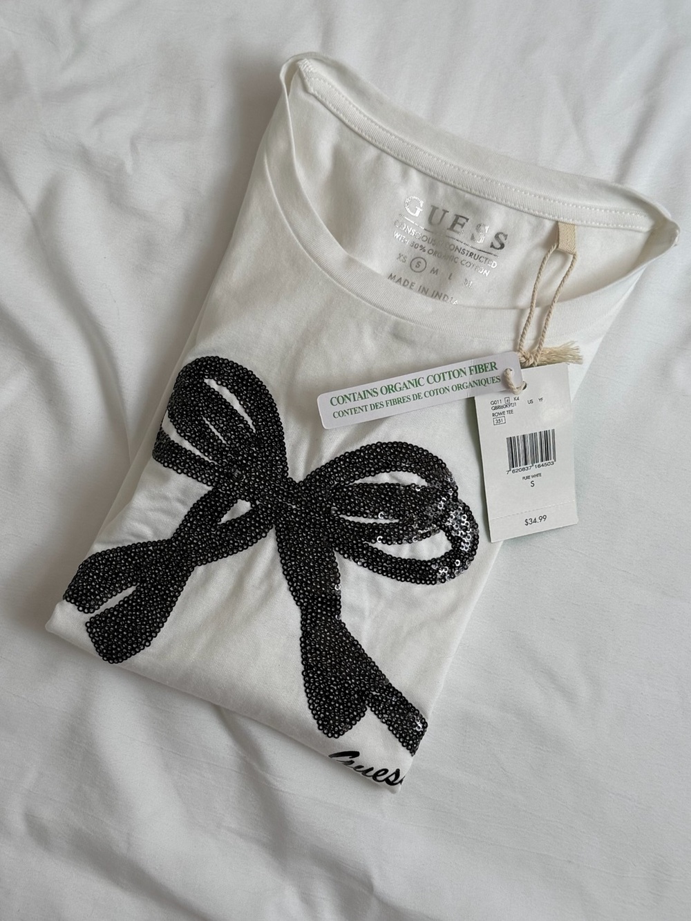 NWT GUESS White Tee with Black Sequin Bow Detail